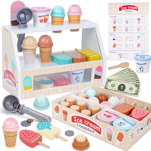 Melofaver Wooden Ice Cream Counter Playset for Kids Toddler Girl Toys Kitchen Playset Pretend Play Gifts for 3 4 5 6 Year Old Girl or Boy Play Food Scoop and Serve Play Kitchen Sets for Kids Ages 48 - Image 1