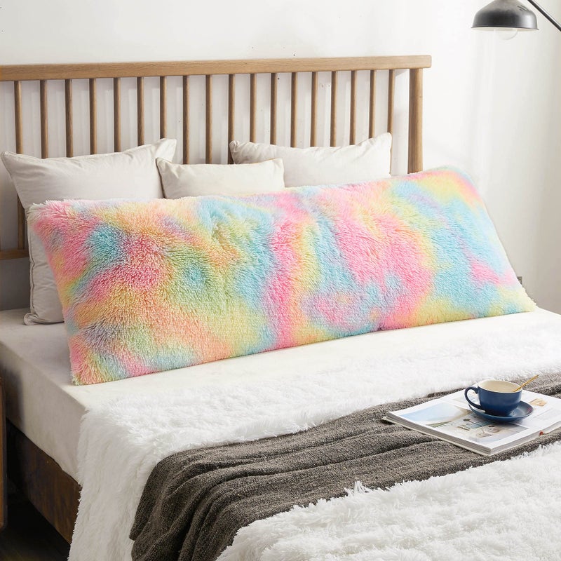 XeGe XeGe Rainbow Shaggy Faux Fur Body Pillow Cover Tie Dye Fluffy Bed Pillow Case with Zipper Soft Decorative Plush Long Pillow Sham Fuzzy Hug Pillow for Kids Children Girls Women 20x54 Rainbow 