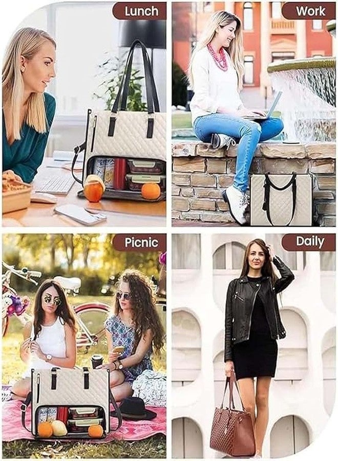 KIYU Elegant Work Bag with Lunch Compartment - Laptop Tote Bag with Lunch Box Section, Office Bag with Insulated Lunch Storage - Stylish Quilted ShoulderBag for Women - Image 2