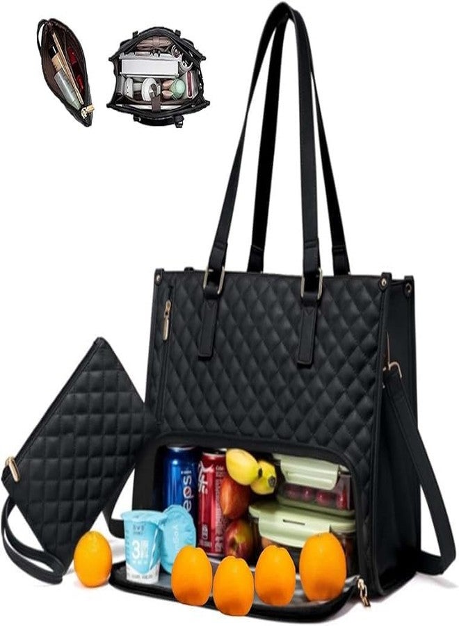 KIYU Elegant Work Bag with Lunch Compartment - Laptop Tote Bag with Lunch Box Section, Office Bag with Insulated Lunch Storage - Stylish Quilted ShoulderBag for Women - Image 1