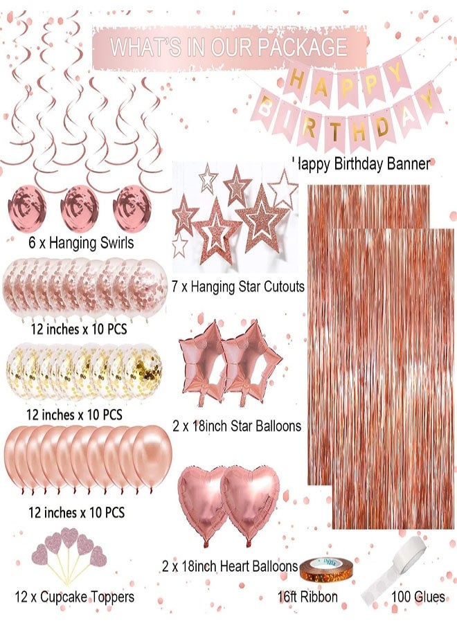 62PCS Rose Gold Birthday Party Decorations, Rose Gold Theme Party Decorations Set with Happy Birthday Banner, Rose Gold Fringe Curtain, Heart Star Foil Confetti Balloons, Hanging Swirls for Women Girls Birthdays Princess Party - Image 2