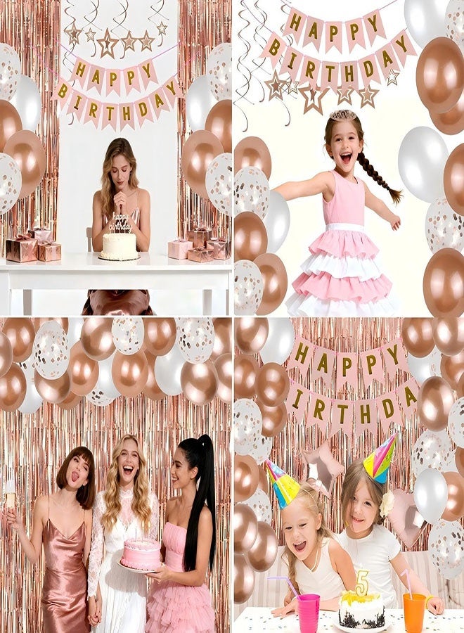 62PCS Rose Gold Birthday Party Decorations, Rose Gold Theme Party Decorations Set with Happy Birthday Banner, Rose Gold Fringe Curtain, Heart Star Foil Confetti Balloons, Hanging Swirls for Women Girls Birthdays Princess Party - Image 5