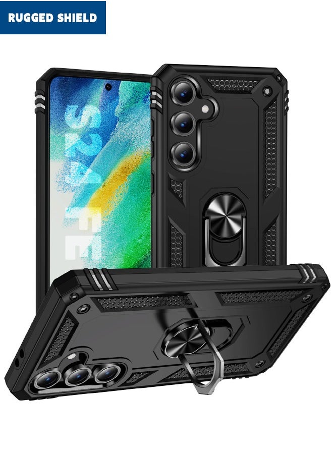RUGGED SHIELD Samsung Galaxy S24 FE Case, Built-in 360° Rotate Magnetic Ring Kickstand, Mixed Material Heavy Duty Shockproof Drop Proof Protective Case Cover for Samsung Galaxy S24 FE 5G 6.7 inch, Black  - Image 1