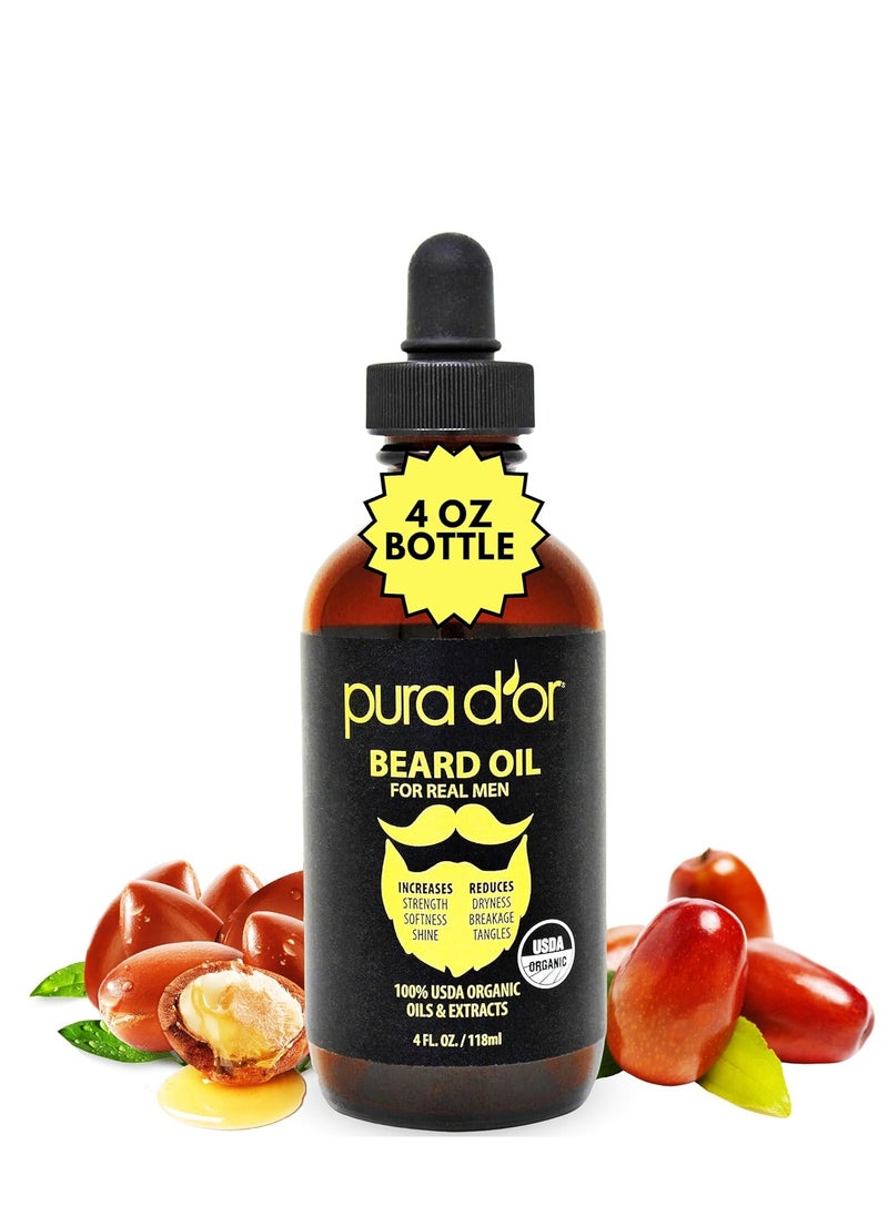 Pura d'or - PURA D'OR 4 Oz ORGANIC Beard Softening Oil - Original Sandalwood Scent - Leave-In Conditioner, Argan & Jojoba Oil - Mustache Care & Maintenance, Increase Softness & Strength - Beard Hair, Skin & Face - Image 1