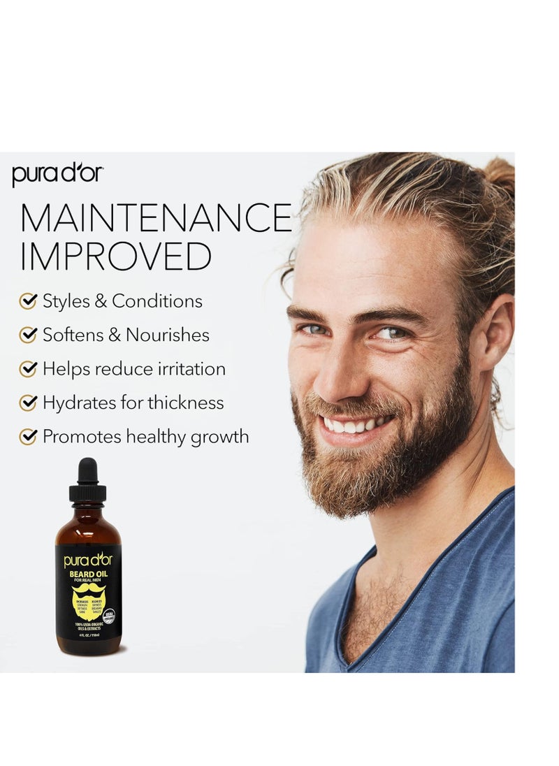 Pura d'or - PURA D'OR 4 Oz ORGANIC Beard Softening Oil - Original Sandalwood Scent - Leave-In Conditioner, Argan & Jojoba Oil - Mustache Care & Maintenance, Increase Softness & Strength - Beard Hair, Skin & Face - Image 1
