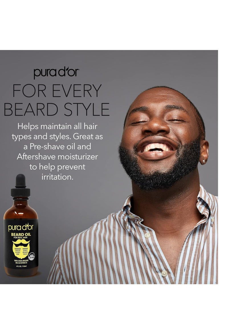Pura d'or - PURA D'OR 4 Oz ORGANIC Beard Softening Oil - Original Sandalwood Scent - Leave-In Conditioner, Argan & Jojoba Oil - Mustache Care & Maintenance, Increase Softness & Strength - Beard Hair, Skin & Face - Image 1