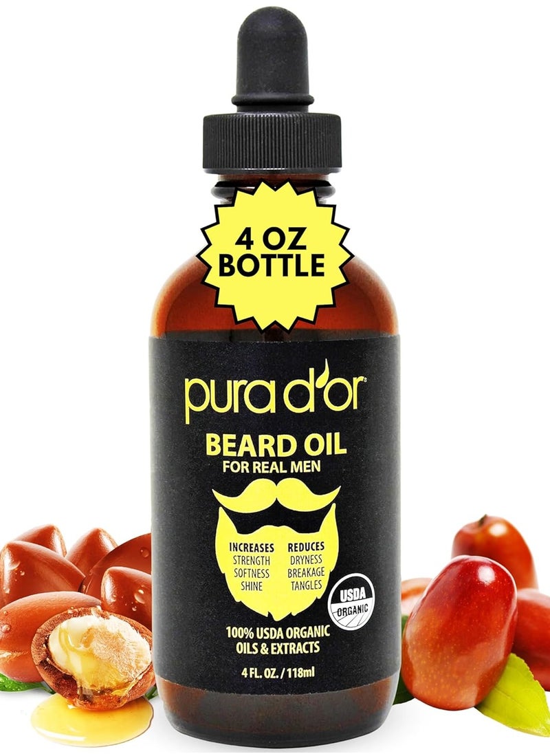 Pura d'or - PURA D'OR 4 Oz ORGANIC Beard Softening Oil - Original Sandalwood Scent - Leave-In Conditioner, Argan & Jojoba Oil - Mustache Care & Maintenance, Increase Softness & Strength - Beard Hair, Skin & Face - Image 1