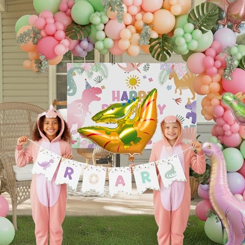 kozee ThreeRex Cute Dinosaur theme birthday party Decorations with Pink Green balloon and dino foil balloon footprint sticker ROAR Banner Backdrop Artificial Palm Leaves for Girls 3rd birthday - Image 5