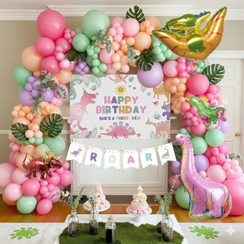 kozee ThreeRex Cute Dinosaur theme birthday party Decorations with Pink Green balloon and dino foil balloon footprint sticker ROAR Banner Backdrop Artificial Palm Leaves for Girls 3rd birthday - Image 1