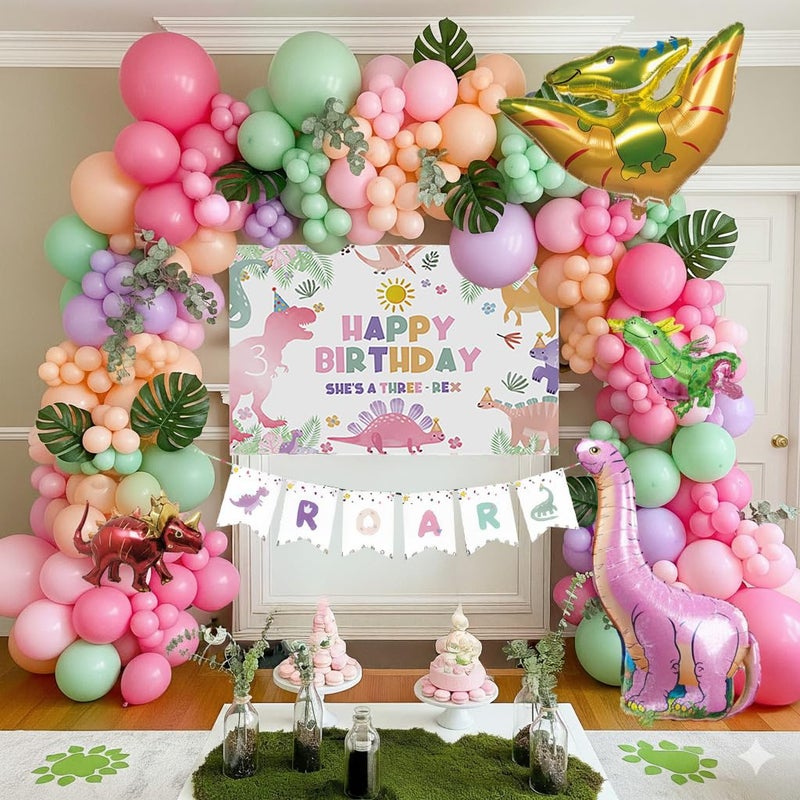 kozee ThreeRex Cute Dinosaur theme birthday party Decorations with Pink Green balloon and dino foil balloon footprint sticker ROAR Banner Backdrop Artificial Palm Leaves for Girls 3rd birthday - Image 2