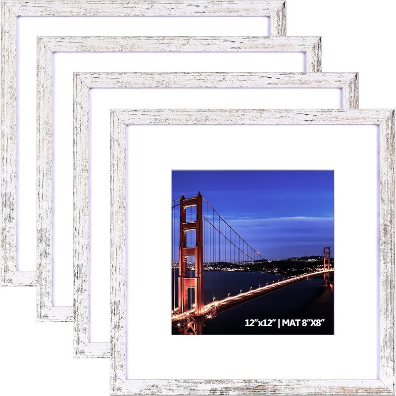 Yaetm مجموعة إطارات صور Yaetm مقاس 12x12 بوصة بلون أبيض ريفي، مجموعة من 4 إطارات مربعة، تعرض صورًا مقاس 8x8 بوصة مع حشوة أو 12x12 بوصة بدون حشوة، إطارات جدار معرض للتعليق على الحائط (4 قطع، أبيض ريفي) - Image 1