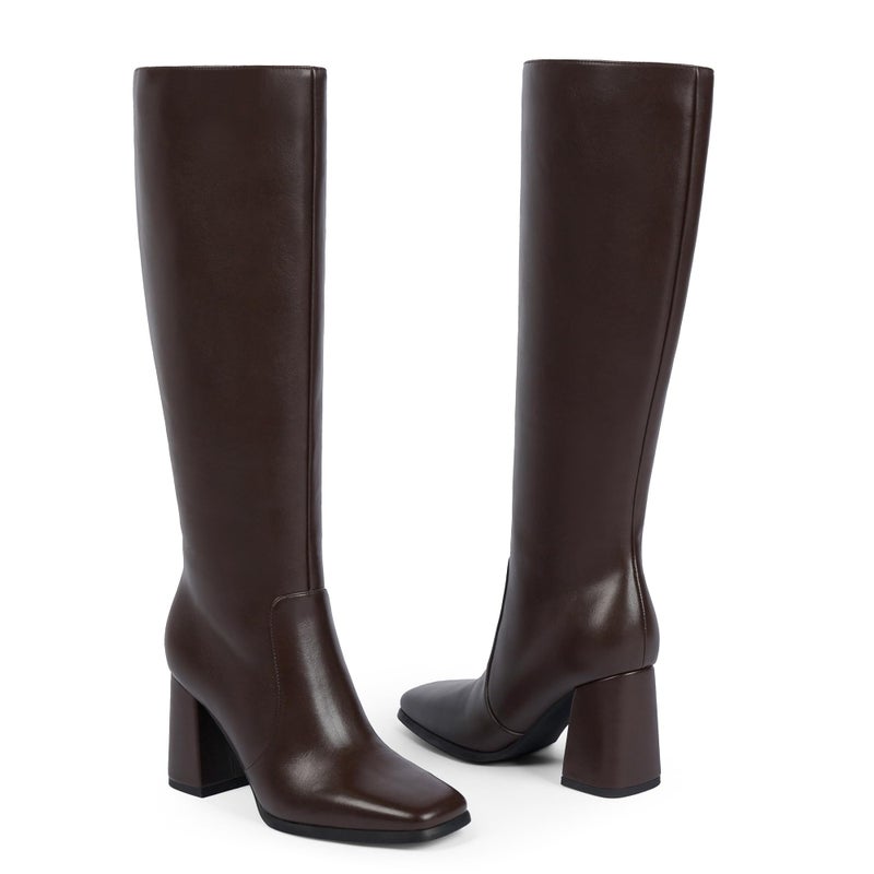 Modatope Chocolate Dark Brown Knee High Boots Women Chunky Heel Square Toe Tall Boots for Women High Heel Side Zipper Womens Heeled Tall Boots Size 7.5 - Image 5
