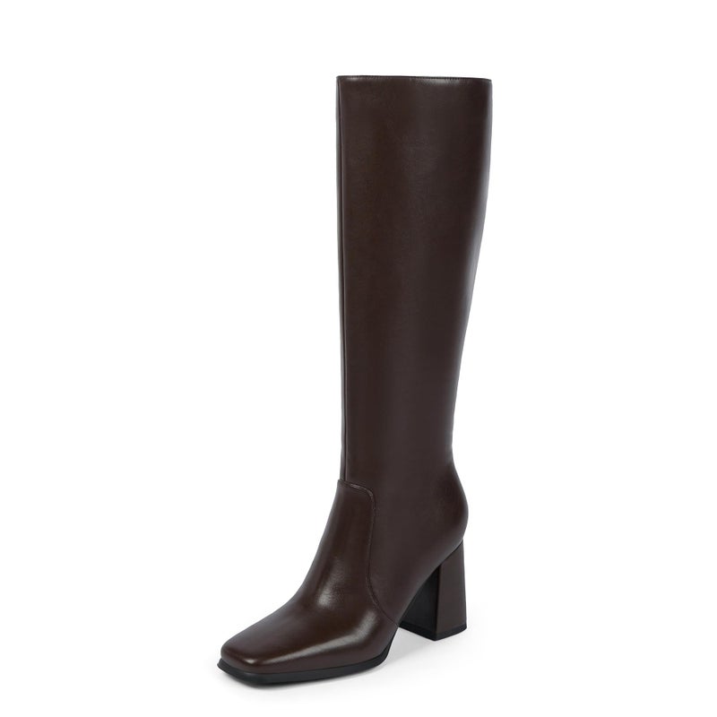 Modatope Chocolate Dark Brown Knee High Boots Women Chunky Heel Square Toe Tall Boots for Women High Heel Side Zipper Womens Heeled Tall Boots Size 7.5 - Image 1