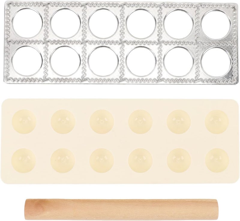 Ravioli Press Maker, Dumpling Making Tool Set, 12 Holes Ravioli Maker with Wood Rolling Pin, Aluminum Alloy Plastic Dumpling Press for Family Kitchen and Restaurant - Image 1
