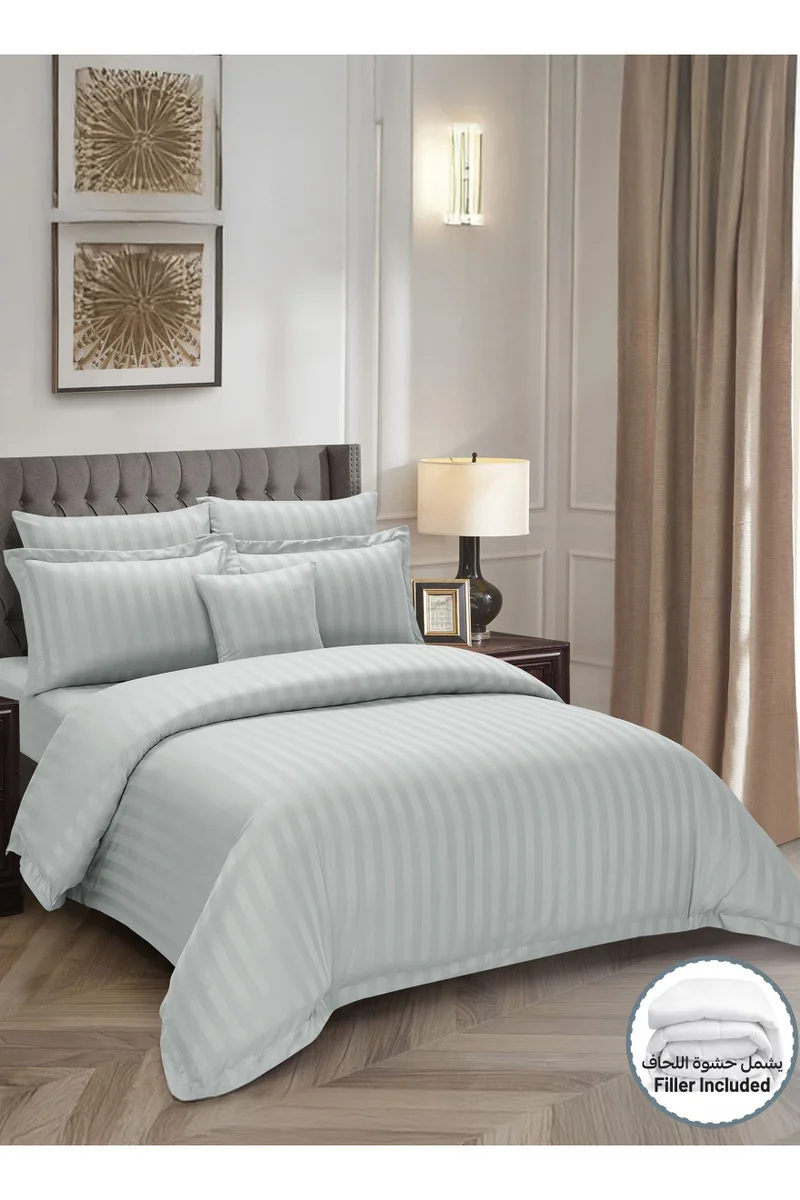 Donetella Striped Comforter Set, King Size (260x240 cm), 8-Piece Hotel Bedding with 350 GSM Filling – Comforter, Duvet Cover, Fitted Sheet, Pillowcases &amp; Cushion Cover