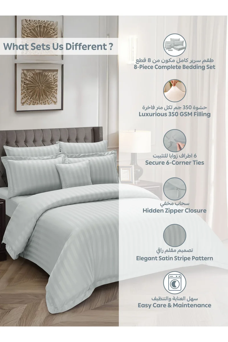 Donetella Striped Comforter Set, King Size Fits 200x200 cm, 8-Piece Hotel Bedding with 350 GSM Filling – Comforter, Duvet Cover, Fitted Sheet, Pillowcases &amp; Cushion Cover