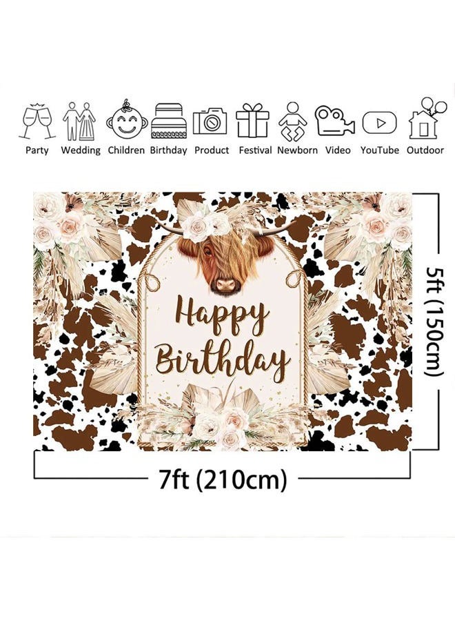 Mocsicka خلفية عيد ميلاد الأبقار السعيدة بقرة هايلاند بني عشب بامباس خلفية تصوير بوهو مزرعة زينة عيد ميلاد الأبقار طاولة كعكة لقطات خلفية (7x5 قدم) - Image 5