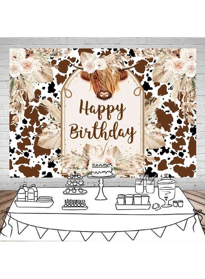 Mocsicka خلفية عيد ميلاد الأبقار السعيدة بقرة هايلاند بني عشب بامباس خلفية تصوير بوهو مزرعة زينة عيد ميلاد الأبقار طاولة كعكة لقطات خلفية (7x5 قدم) - Image 2