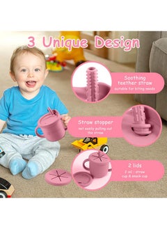 Snowie Soft ® Silicone Sippy Cup With Straw Baby Cup Silicone Training Cup With 2 In 1 Lid, Teether Straw & Draining Lid, Bpa-Free Spill Proof Non-Slip Baby Straw Cups 6-12 Months Toddlers (Pink)  - Image 2