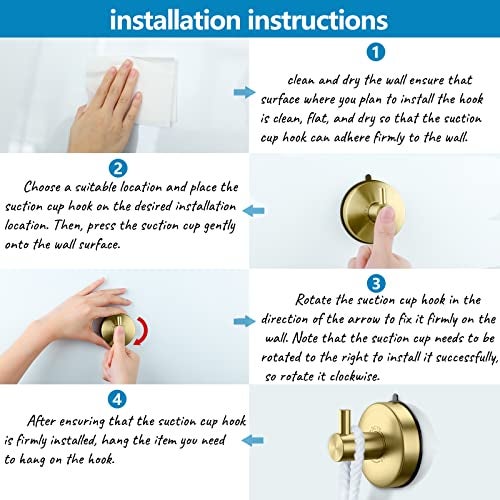 DGYB Suction Cup Hooks for Shower Set of 4 Gold Towel Hooks for Bathrooms SUS 304 Stainless Steel Shower Hooks for Loofah 15 Lb Bathroom Hooks for Towels - Image 5