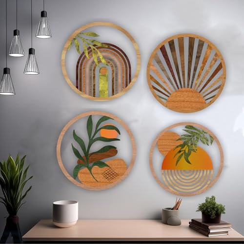 MustHome Wall Plates, Wall Decor Set of 4, Multicolor, Wooden, Wall Plates Decor Hanging, Wall Decor, 10 Inches, Boho, Wood Hanging Decorations for Living Room, Bedroom, Office, Wedding Gift items - Image 1