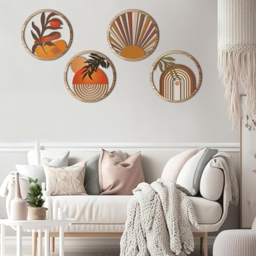 MustHome Wall Plates, Wall Decor Set of 4, Multicolor, Wooden, Wall Plates Decor Hanging, Wall Decor, 10 Inches, Boho, Wood Hanging Decorations for Living Room, Bedroom, Office, Wedding Gift items - Image 2