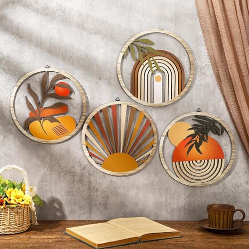 MustHome Wall Plates, Wall Decor Set of 4, Multicolor, Wooden, Wall Plates Decor Hanging, Wall Decor, 10 Inches, Boho, Wood Hanging Decorations for Living Room, Bedroom, Office, Wedding Gift items - Image 4