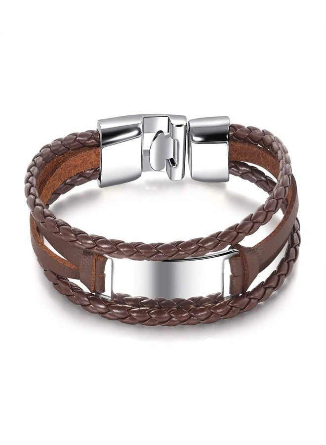 VersaKits Mens Leather Bracelet Stainless Steel Charm Multilayered Brown Braided Leather Bracelet Gift for Men - Image 1