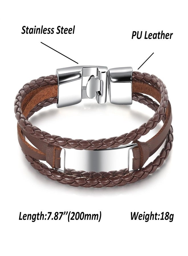 VersaKits Mens Leather Bracelet Stainless Steel Charm Multilayered Brown Braided Leather Bracelet Gift for Men - Image 3