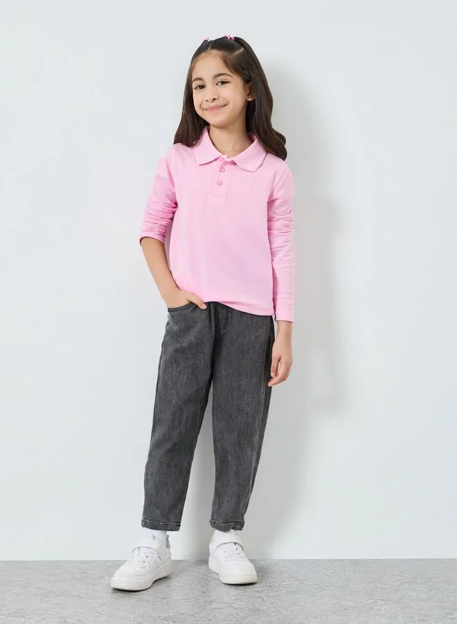 Styli Girls Pink Cotton Long Sleeve Polo T-Shirt