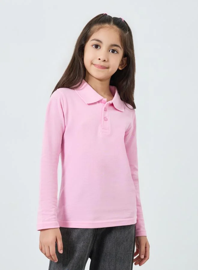 Styli Girls Pink Cotton Long Sleeve Polo T-Shirt