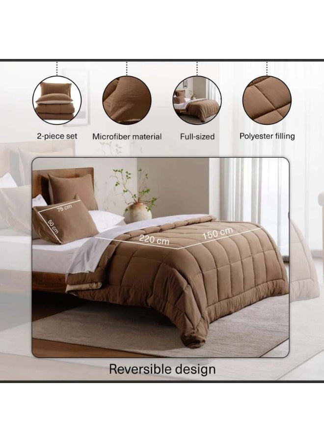 Pan Home طقم لحاف قابل للعكس من قطعتين 150X220 سم - بيج وبني - Image 1