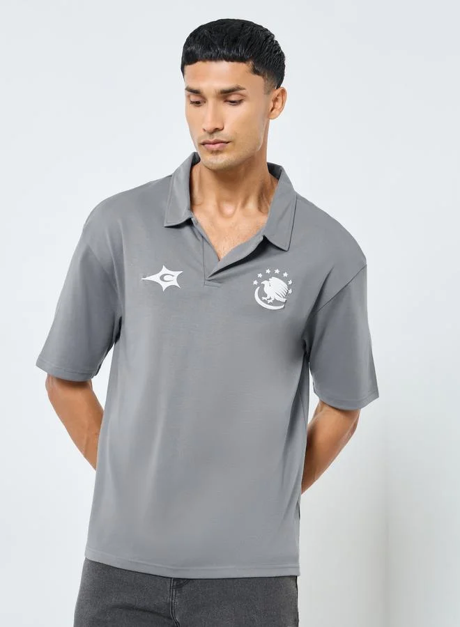 Styli Grey Graphic Print Oversized Polo Shirt