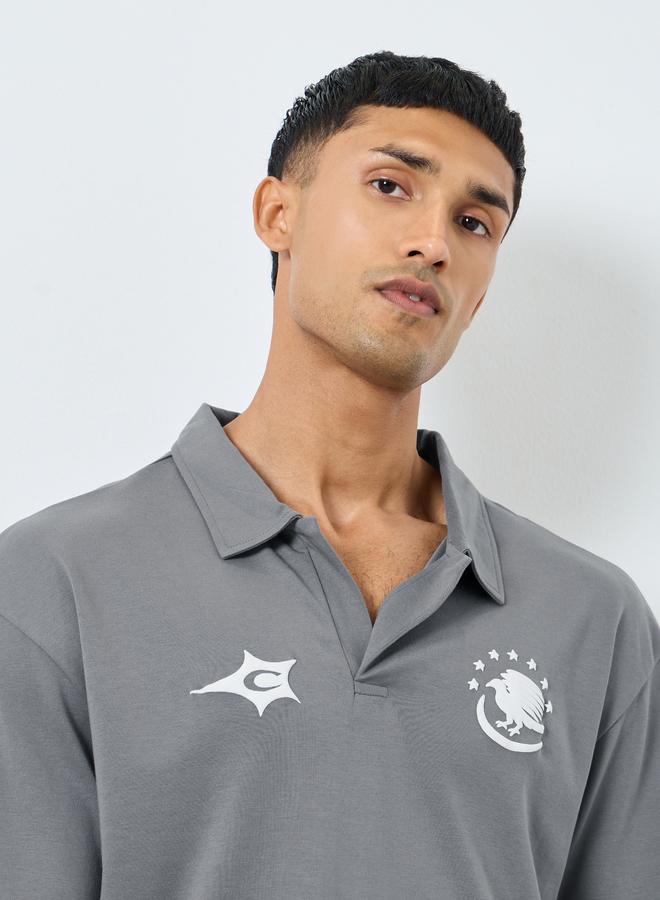 Styli Grey Graphic Print Oversized Polo Shirt - Image 3