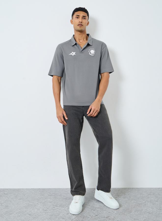 Styli Grey Graphic Print Oversized Polo Shirt - Image 2