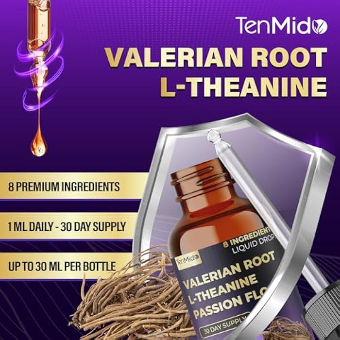 Tenmido Valerian Root Extract Liquid Drops - 8in1 with L-Theanine, Passion Flower, Chamomile, Lemon Balm, Hibiscus, Lavender, and Soursop - Relaxation Support - 30ml 1 Fl Oz - Image 2