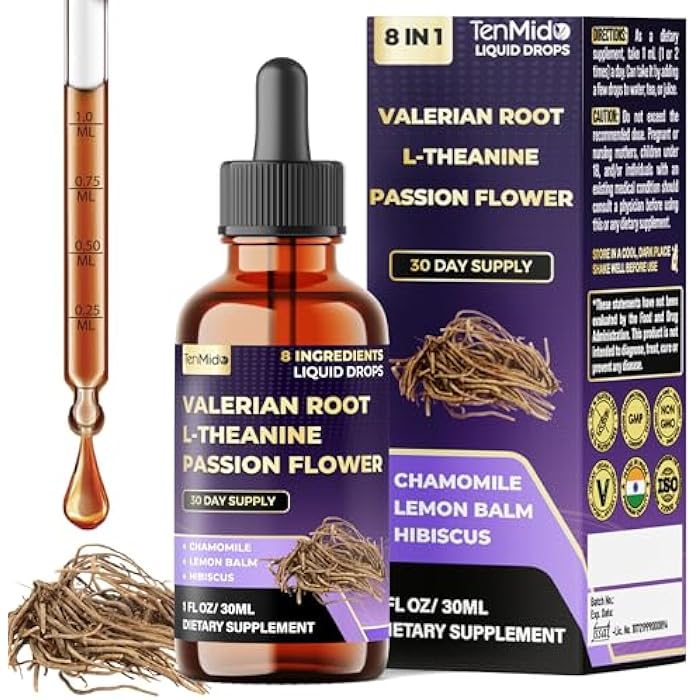 Tenmido Valerian Root Extract Liquid Drops - 8in1 with L-Theanine, Passion Flower, Chamomile, Lemon Balm, Hibiscus, Lavender, and Soursop - Relaxation Support - 30ml 1 Fl Oz - Image 1
