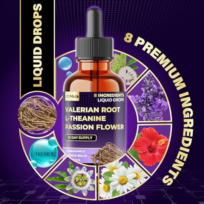 Tenmido Valerian Root Extract Liquid Drops - 8in1 with L-Theanine, Passion Flower, Chamomile, Lemon Balm, Hibiscus, Lavender, and Soursop - Relaxation Support - 30ml 1 Fl Oz - Image 4