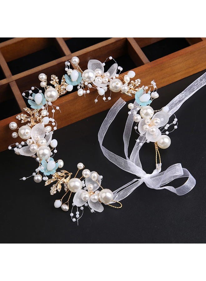 KAYZON Kids' Wedding Hair Accessories - Princess Headpiece, White Flower Headband Pearl for Girls, Cute Bridal Wedding Hair Band, Women's Fashion Headbands (Blue) - Image 2