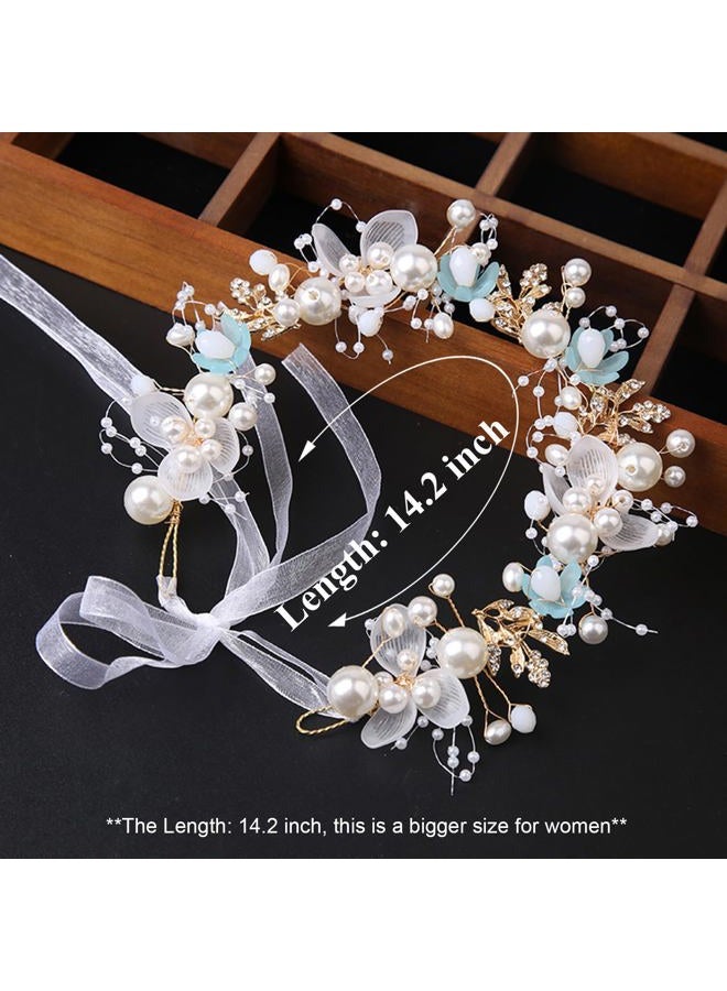 KAYZON Kids' Wedding Hair Accessories - Princess Headpiece, White Flower Headband Pearl for Girls, Cute Bridal Wedding Hair Band, Women's Fashion Headbands (Blue) - Image 5