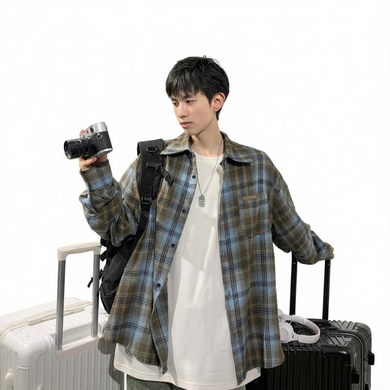 American Retro Contrast Plaid Long Sleeve Shirt for Men Casual Loose Fit Shirt Jacket - Image 2