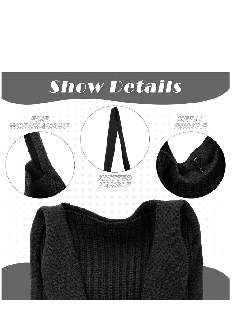 Excefore Crochet Tote Bag Womens Shoulder Handbag Plush Knitting Satchel Large Shopping Bag for School Work Shopping Weekend Getaways Travel Black - Image 3