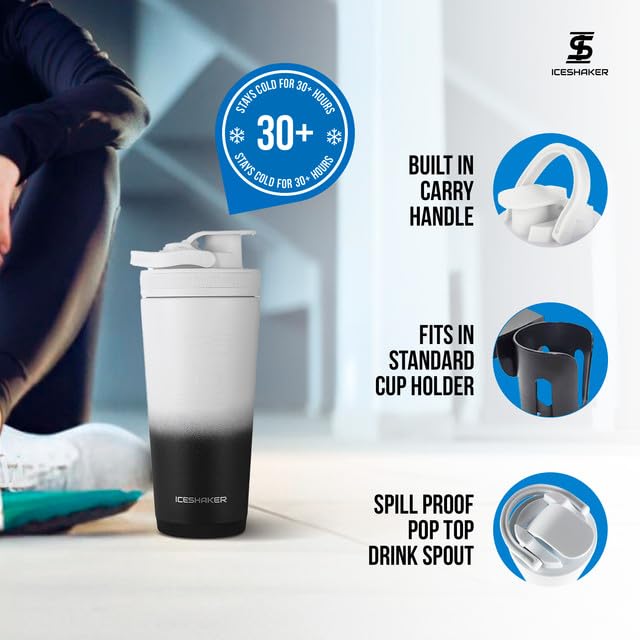 Ice Shaker Stainless Steel Shaker Bottle | 26oz, Black White Ombre | Stays Cold for 30+ Hours | Insulated Cup with Twist-on Agitator | Odor-Free Shaker Cup for Protein Shakes, Water, Smoothies - Image 3