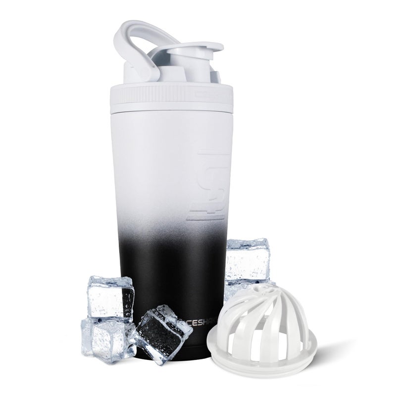Ice Shaker Stainless Steel Shaker Bottle | 26oz, Black White Ombre | Stays Cold for 30+ Hours | Insulated Cup with Twist-on Agitator | Odor-Free Shaker Cup for Protein Shakes, Water, Smoothies - Image 1