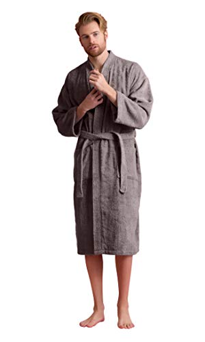 Soft Touch Linen Men's Robe, Turkish Terry Bathrobe, Turkish Terry Kimono Spa Bathrobe (XX-Large, Gray) - Image 1