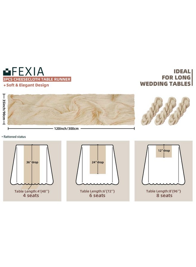 FEXIA فكسيا 3 عبوات عداء طاولة بيج 35x120 بوصة لتزيين حفلات استقبال المواليد، شاش ربيعي عداء طاولة لزفاف حفلة أول تواصل، زينة خطوبة، زينة حفلة استحمام العروس - Image 2