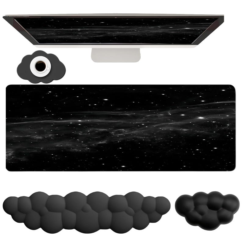 WFCYGL Cloud Mouse Pad Keyboard Wrist Rest 4PCS Extended Large Galaxy Desk Mat Pad Set Memory Foam Non-Slip Cute Ergonomic Gaming Mouse Pad Wrist Support for Computer Laptop Home Office Black - Image 1