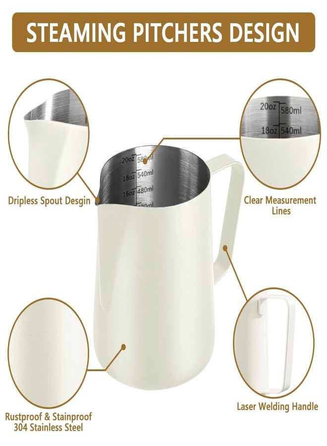 NewGF Frothing Milk Pitcher, 20 oz/600 ml Stainless Steel Frothing Milk Jug with Latte Art Pen,with Internal Measurements, for Cappuccino-White - Image 3