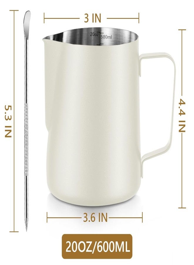 NewGF Frothing Milk Pitcher, 20 oz/600 ml Stainless Steel Frothing Milk Jug with Latte Art Pen,with Internal Measurements, for Cappuccino-White - Image 2