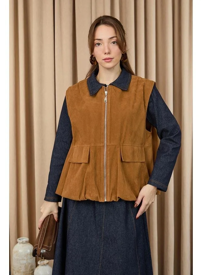Soul Women's Pocket Detailed Suede Vest - 32404YLK - CAMEL.